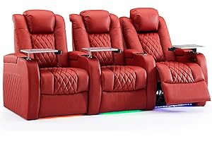 Weilianda Home Theater Seating Top Grain Leather Zero Gravity Recliner Chair Power Headrest Recline Movie Seat Gaming 7 Colors Mood Light Sofa with Tray Table USB Charge Row of 3 Red