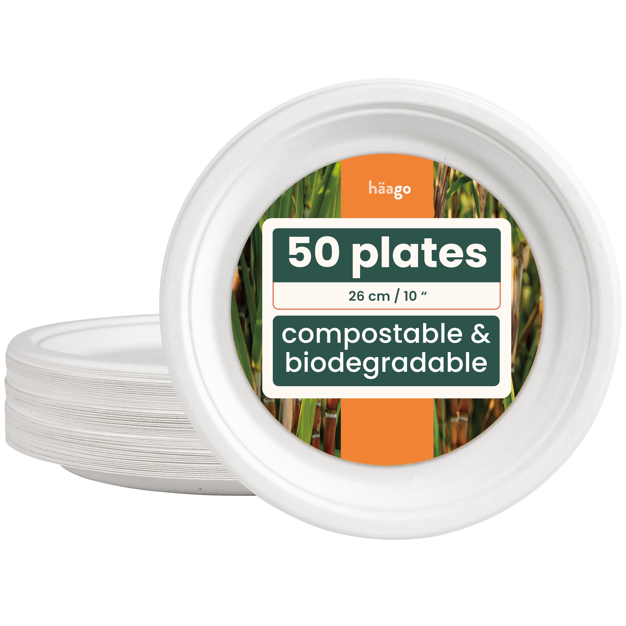 HAAGO 50 Strong Compostable Sugarcane Plates, 26 cm / 10" Dinner Plate – Heavy Duty, Grease- & Leak-Proof Paper Plates – Biodegradable, Disposable for Hot & Cold Food, Parties, BBQ, Catering