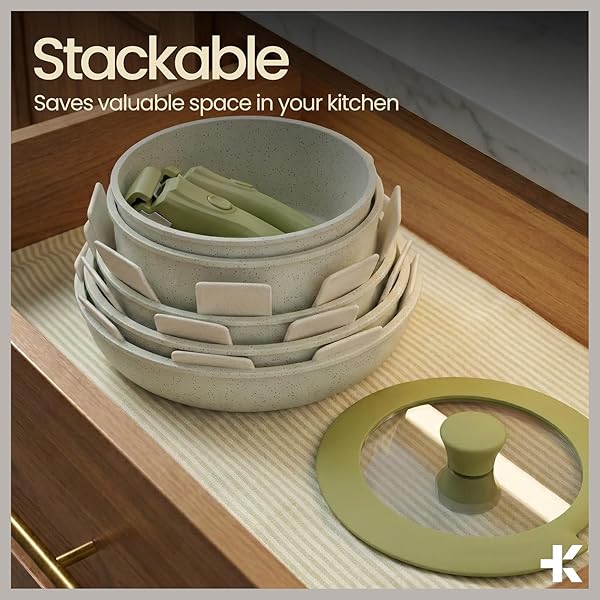 POTS AND PANS SET NON STICK CERAMIC-GRANITE – 14-PIECE COOKWARE WITH DETACHABLE HANDLES, STACKABLE SPACE-SAVING, DISHWASHER SAFE, STAIN-RESISTANT, OVEN & ALL-STOVE SAFE, TEMPERED GLASS LIDS, GREEN