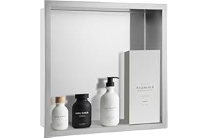 Muschbath Brushed Nickel Recessed Shower Niche (12” x 12“), No-Tile, Stainless Steel, Built-in Wall for Bathroom, Bedroom, Living Room Storage