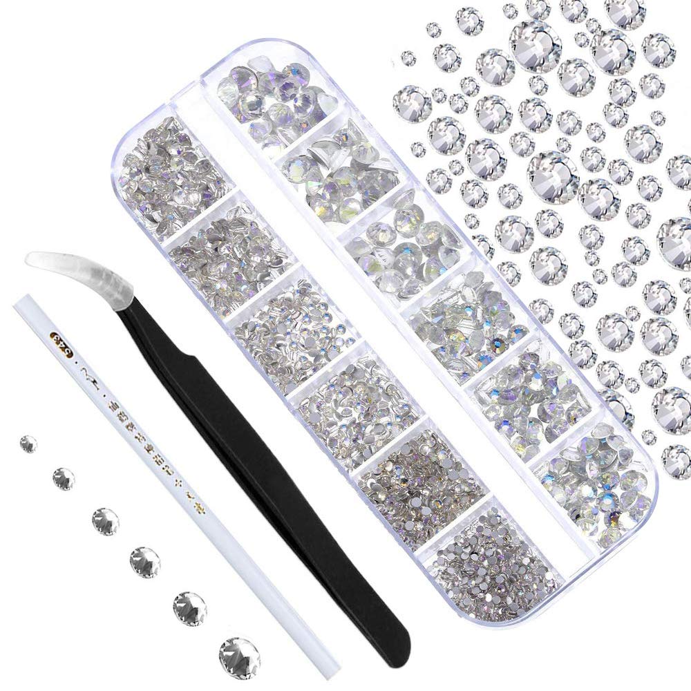 Ealicere Ca. 1440pcs 6 Größen Kristall Strasssteine nageldesign Kristallrhinestones, Flache Rückseite Gems,Transparenter Strass mit Pinzette und Aufbewahrungsboxen, Für Nagellack, Bekleidung, DIY