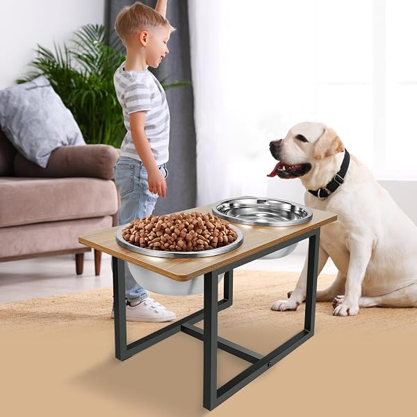 SPACNOM ELEVATED DOG BOWLS FOR LARGE DOGS, RAISED DOG BOWL STAND WITH TWO X-LARGE STAINLESS STEEL BOWLS FOR DOGS, 3.5L CAPACITY, RUSTIC WALNUT