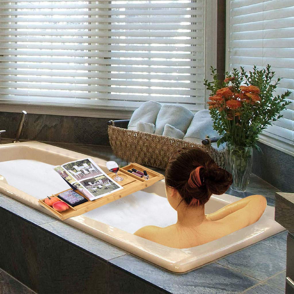Bamboo Bathtub Caddy Tray with Wine and Book Holder Bamboo One or Two Person Bath Tray Luxury Spa Organizer with Folding Sides Adjustment Breakfast Serving Tray