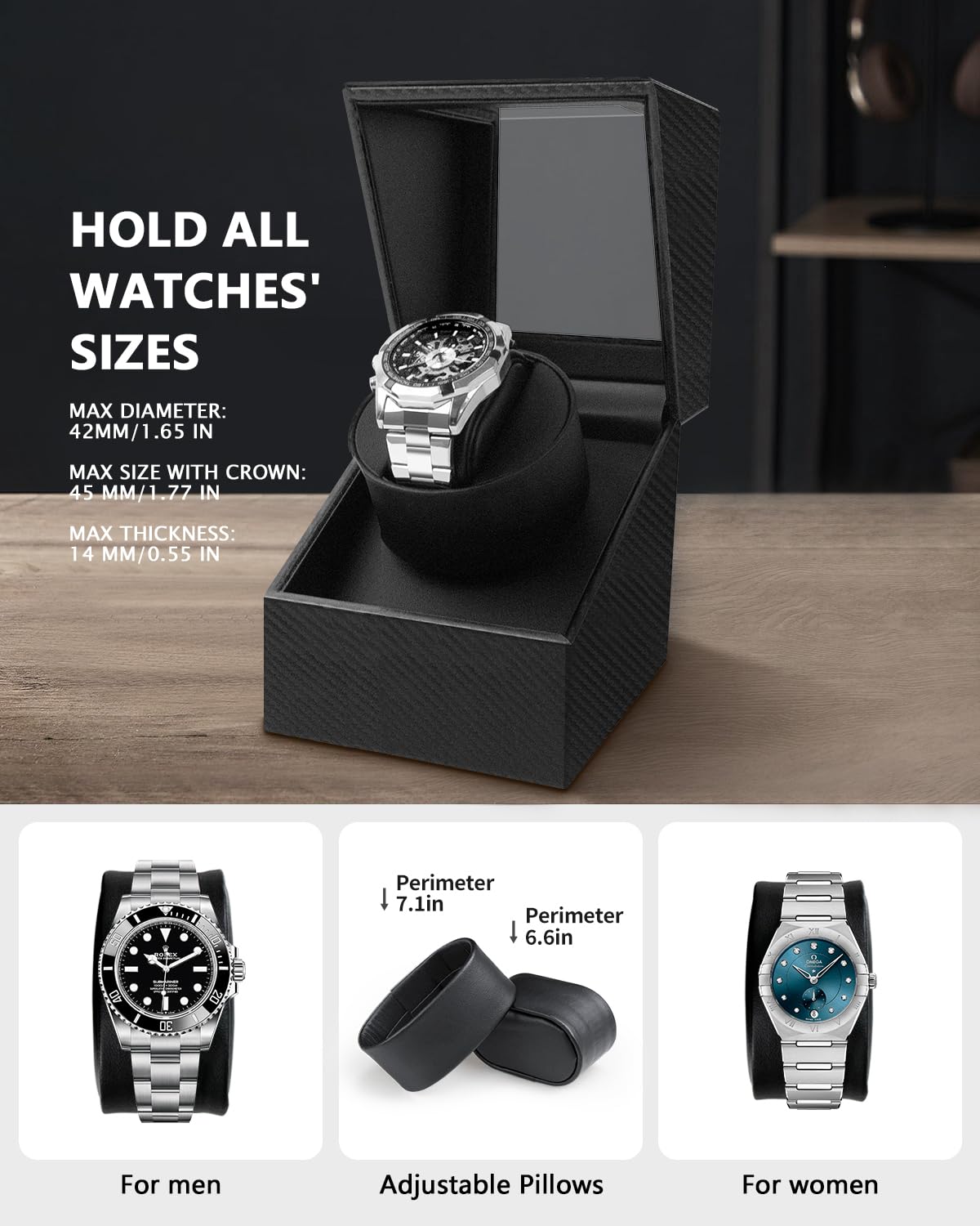Watch Winder for Automatic Watches: Automatic Single Watch Winder Box, Rotating Watch Case in Black Carbon Fiber Leather, Watch Rotator with Japanese Quiet Motor, Battery Powered or AC Adapter