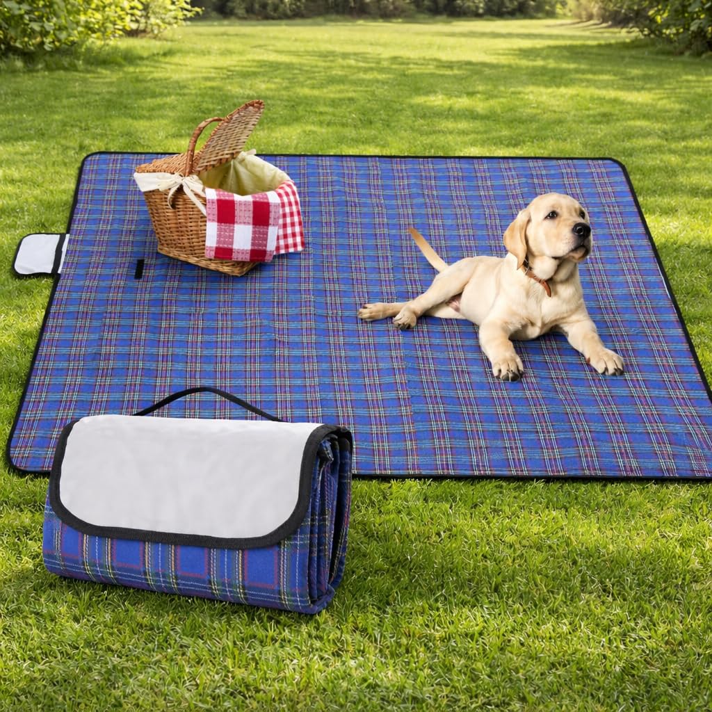 Garden Mile Waterproof Picnic Blanket 150 x 115cm – Foldable Tartan Picnic Mat with Carry Handle – Sandproof Outdoor Beach Rug for Camping, Garden, Travel & Hiking