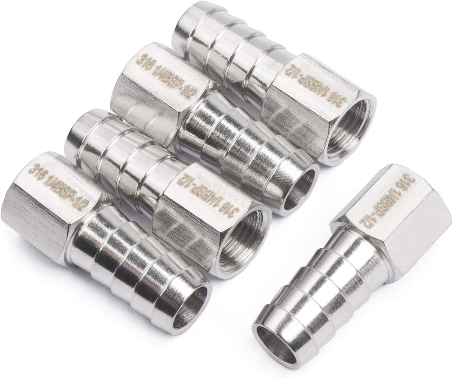 LTWFITTING Stainless Steel 316 BSP Fitting Coupler/Adapter 1/4-Inch Female BSPP x 1/2-Inch(12mm) Hose Barb Fuel Gas Air Fuel(Pack of 5)