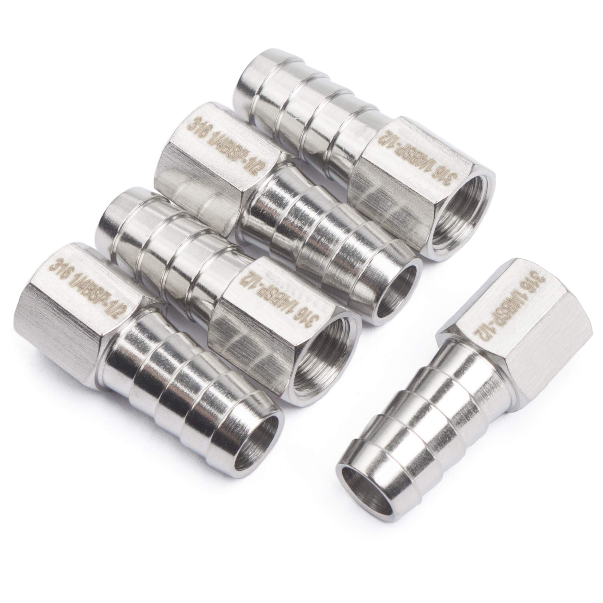 LTWFITTING Stainless Steel 316 BSP Fitting Coupler/Adapter 1/4-Inch Female BSPP x 1/2-Inch(12mm) Hose Barb Fuel Gas Air Fuel(Pack of 5)
