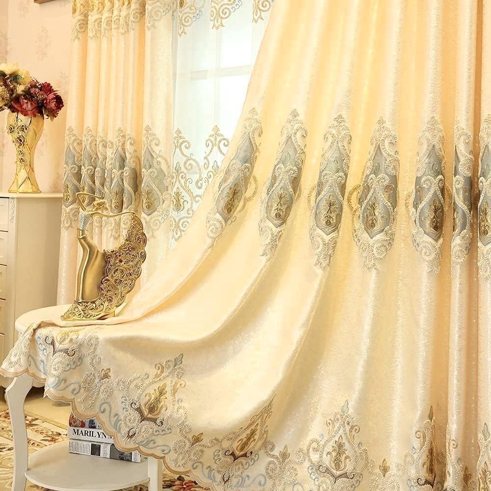 MYRU Luxury European-Style Living Room Curtains - 1 Pair Gold Drapes for Bedroom, Elegant Room Darkening Fabric Panels (66x90 Inches, Set of 2) โ image 1