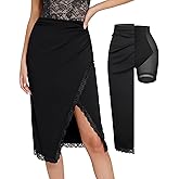 Popilush Midi Skirts for Women Lace Shapewear Split Satin High Waisted Bodycon Long Skirt Built-in Tummy Control
