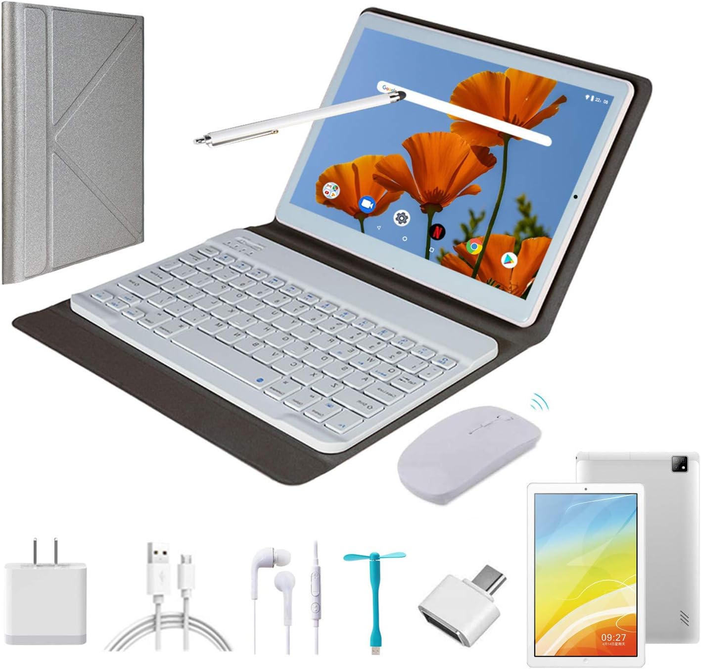 Tablet 10.1 Inch Android 9.0, 2 in1Tablet PC with Wireless Keyboard Mouse& Tablets Case, 4GB RAM +64GB ROM/128GB Computer Tablets, 8MP Quad Core/Dual Sim/8000 mAh,Support 3G/4G Phone Call(Silver)