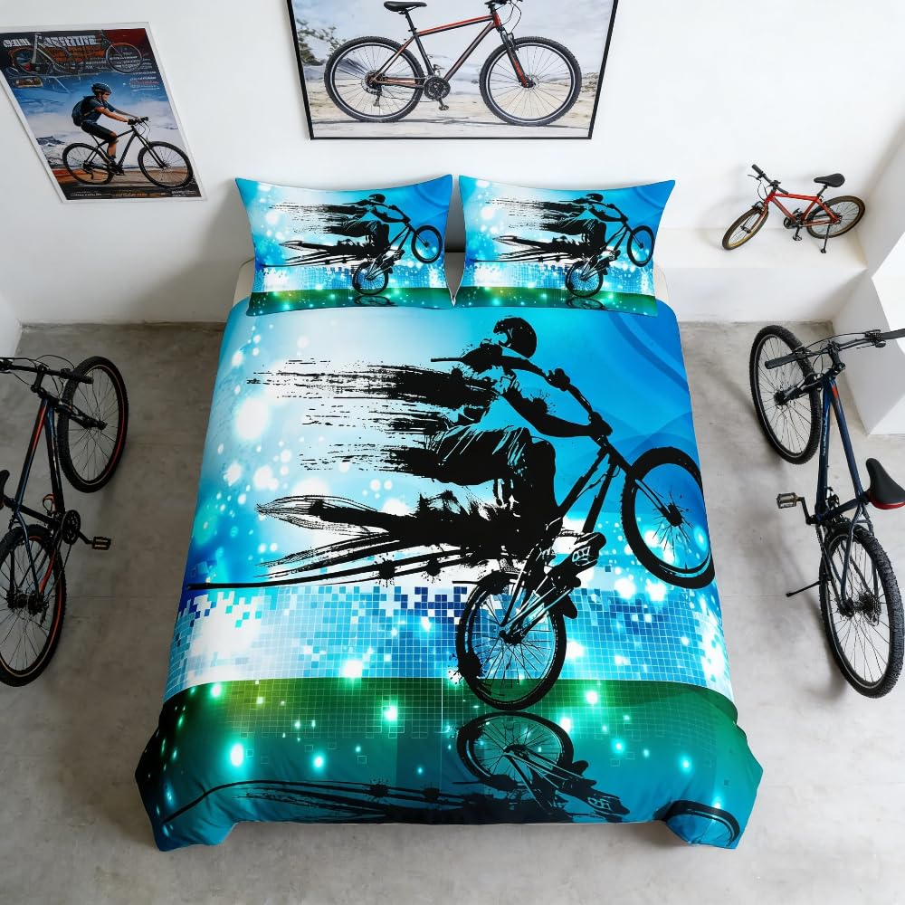 Loussiesd Boys Bedding Set,Dirt Bike Sports Rider Blue Halftone Effect Extreme Background Decor Comforter Cover Double Size 3 Pcs (1Duvet Cover +2 Pillowcases) Zipper