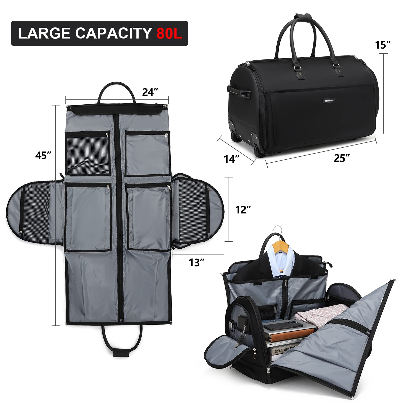 Modoker Rolling Garment Bags, Large Garment Duffle Bag with Wheels, 3 in 1 Garment Suit Luggage Bag for Women Men Business Travel Weekender, Black