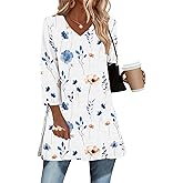 AKEWEI Womens Blouses Casual 3/4 Sleeve Tops for Women V Neck Tunics to Wear with Leggings Swing Flare