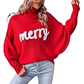 Argeousgor Women Merry Christmas Sweaters Long Sleeve Letter Print Loose Turtleneck Knitted Merry Sweater Pullover