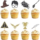24 Pack Wizard Cupcake Toppers, Glitter Magical Theme Cake Decorations | 8 Unique Classic Designs, Cupcake Picks for Birthday Party, Baby Shower Magic Party Dessert Supplies Favors