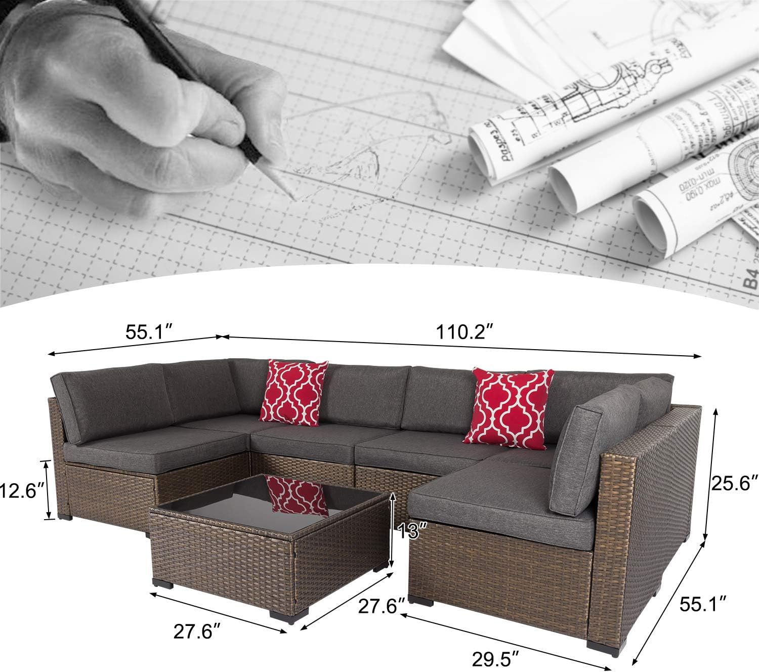 Kinsunny 7 Piece Outdoor Patio Furniture Set Wicker Sectional Sofa with 2 Pillows and Tea Table Patio Rattan Conversation Chair Sofa Set: Garden & Outdoor