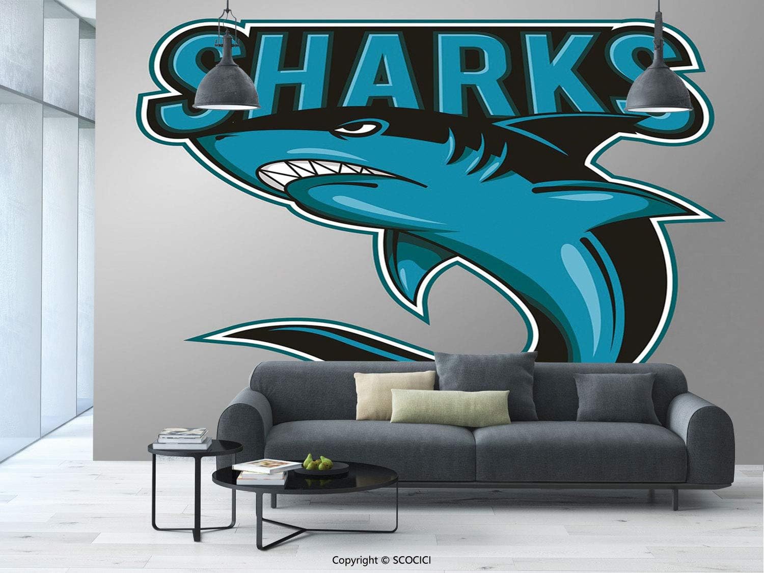 aosup №19555 Canvas Art Wall Mural Decor | Shark,Angry Danger Fish Fins Aggressive Sea Creature Life Illustration Decorative,Petrol Blue Black Grey | 100"X144"