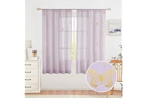 Jubilantex Butterfly Sheer Curtain Panels for Baby Girls Bedroom, Toddler Gold Print Linen Rod Pocket Voile Drapes 63 Inch for Kids Room Living Room, Lavender/Lilac Purple, 2 Panels