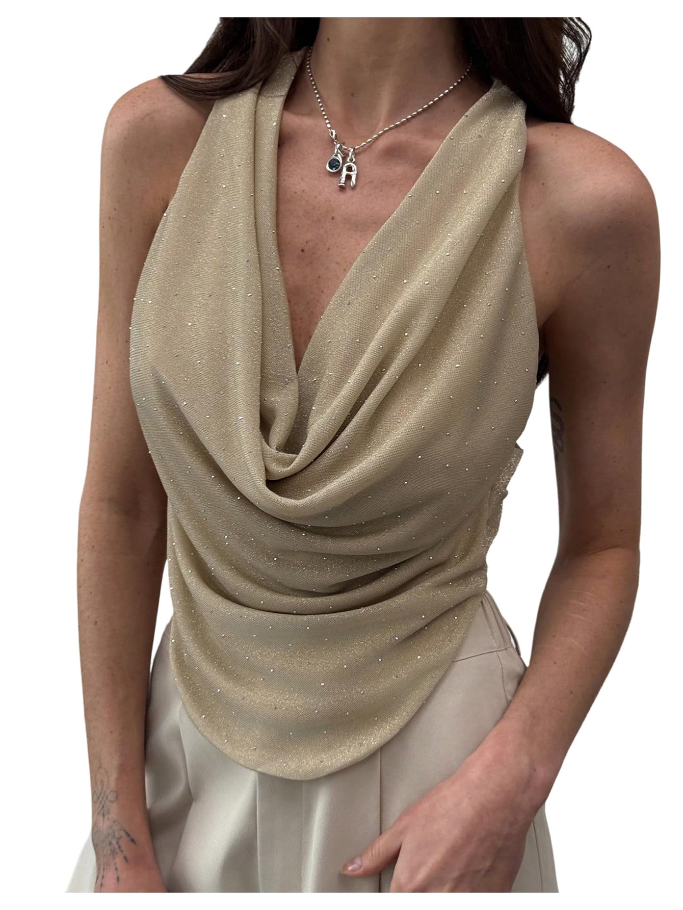Photo 1 of Milumia Women's Rhinestone Draped Front Deep V Neck Halter Top Criss Cross Back Ruched Cami Tops Apricot Small