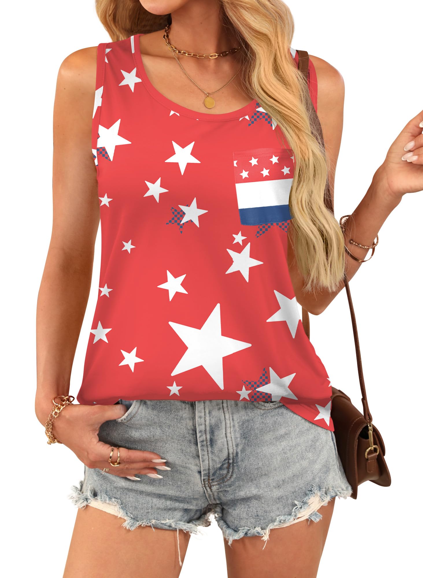 Photo 1 of Lady 4th of July Red White Blue Fourth of July Tank Patriotic Top USA Flag July 4th Americana Swimsuit Red XL