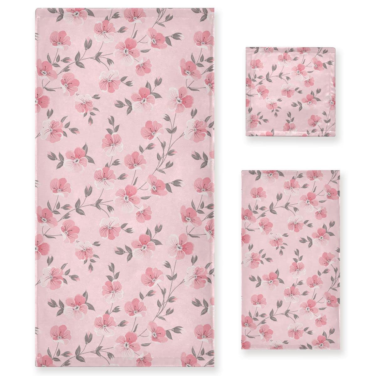 ALAZA Bath Towels Set of 3, Microfibre Towel Bathroom Linen Floral Cherry Blossoms and Branches Pink Towels Set Gift with 1 Face Towel 1 Hand Towel 1 Bath Towel Sheet, Absorbent Bathroom Accessories