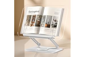 ASIEIT Book Stand for Reading, Acrylic Adjustable Book Holder with 360° Rotating Bases & Elastic Page Clips, Foldable Desktop Riser, Multifunctional Display Stand for Bible, Laptop, Recipe, Textbook