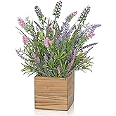 DILATATA Rustic Lavender Flowers Artificial Lavender Decor Fake Lavender Plant in Wooden Pot Faux Plants for Home Bathroom Table Centerpieces Wedding Decor Potted Lavender Flower Purple Decor
