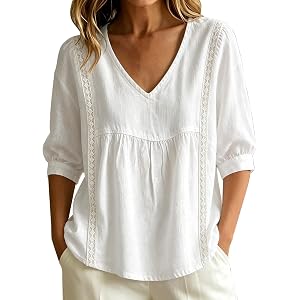 Fall Tops for Women Lace Patchwork V-Neck Casual 3/4 Sleeve Shirt Pleated Front Loose Fit Lightweight Pullover Top