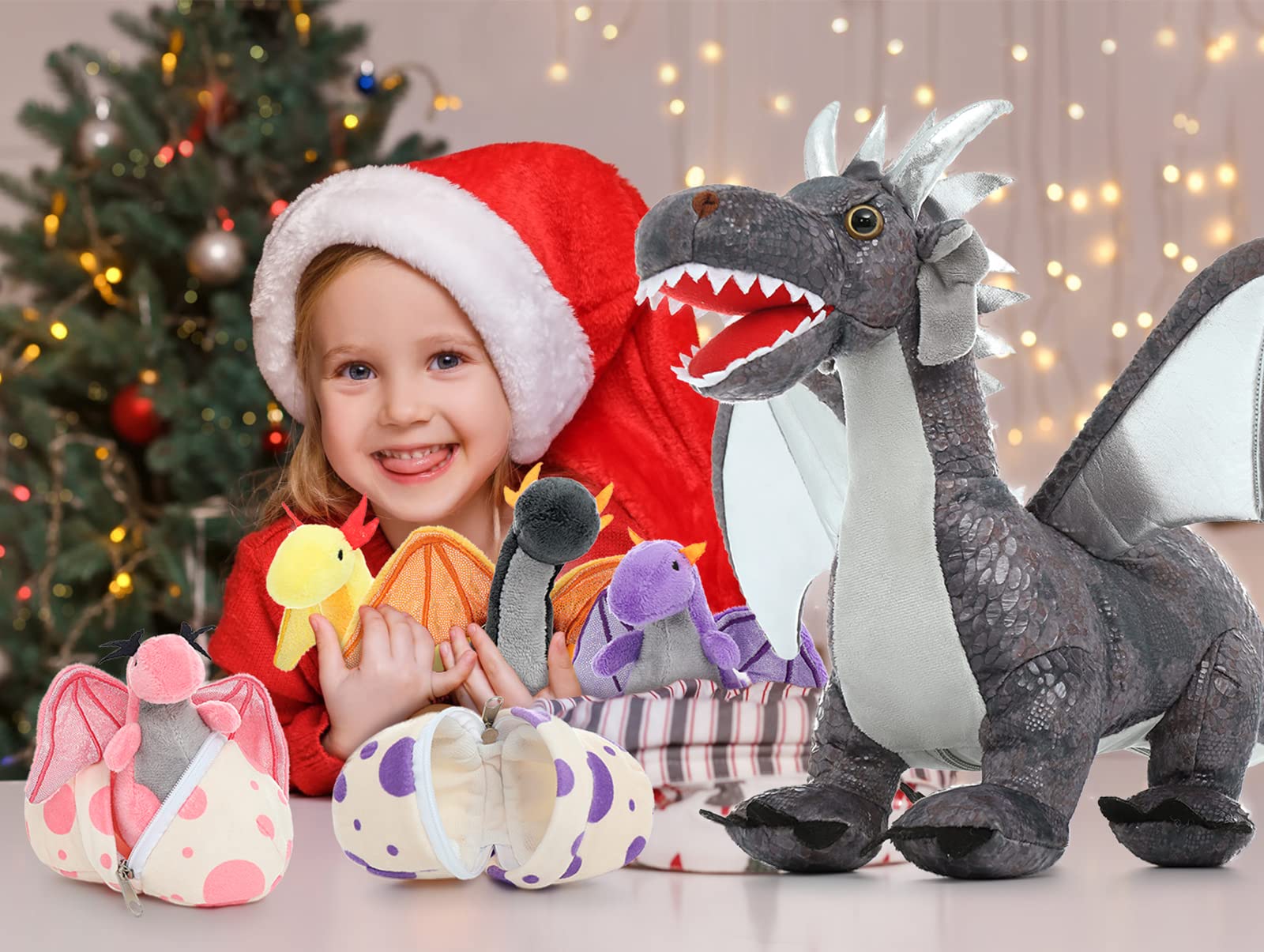 MorisMos 55cm Stehend Drache Kuscheltier mit Baby im Bauch, Grau Groß Plüschdrache Kuscheltiere XXL, Flauschiger Stofftier Plüschtier Dragor Dragon Teddys zum Spielen für Kinder 7