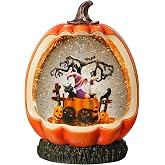 Gorrzai Halloween Snow Globe Pumpkin Halloween Decorations Indoor for Home | Light Up Pumpkin Snow Globe Lighted Halloween Decor with Timer Swirling Glitter Gnome Black Cat, USB or Battery Operated