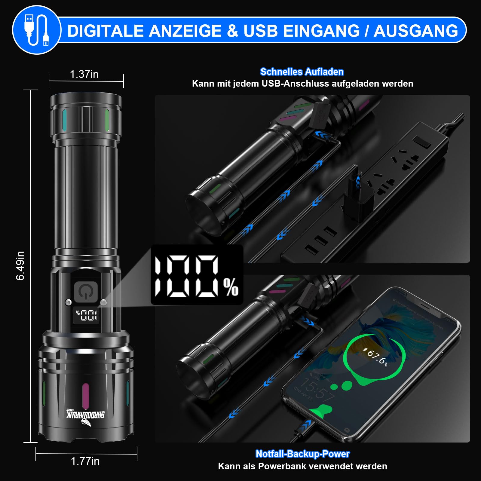 Shadowhawk Taschenlampe LED Aufladbar 500000 Lumen - 30W Extrem Hell Taktische Taschenlampen mit Nachtleuchtstreifen, 1000m Reichweite & 12h Laufzeit, Wasserdicht Handlampe für Camping/Outdoor/Notfäll 3