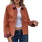 Oymyakon Women Cropped Jacket Contrast Collar Utility Coat Button Down Barn Jacket Fall Casual Cargo Jackets Outwear