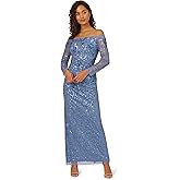 Adrianna Papell Women's Beaded Mesh Long Dress, French Blue, 14
