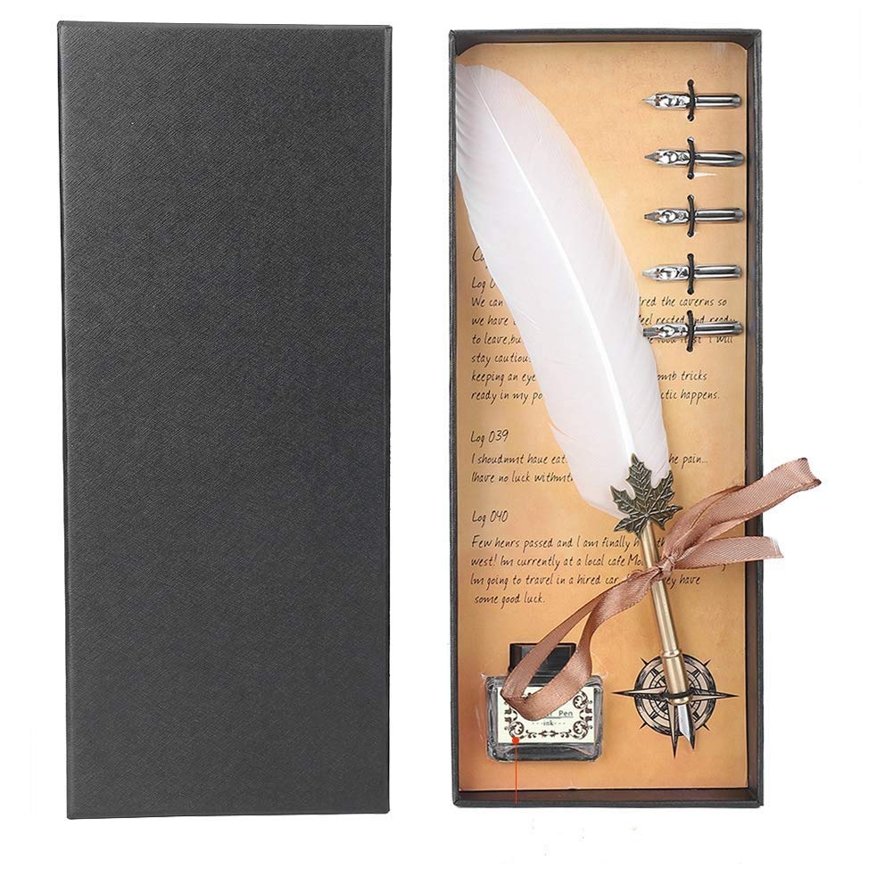 Feather Pen Set, Natural Feather Vintage Calligraphy Pen Kit with Nibs Dip, Stationery Gift Box(White)