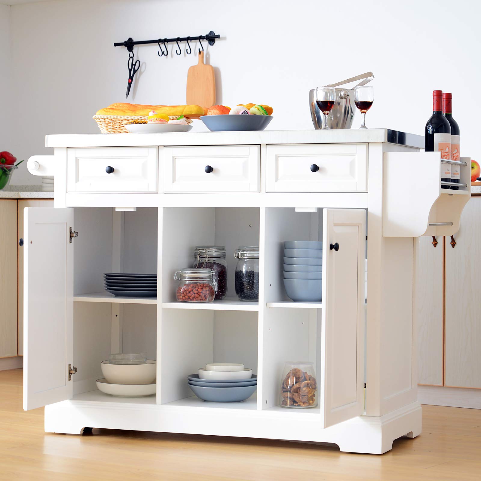HOMCOM 51" x 18" x 36" Pine Wood Stainless Steel Portable Multi-Storage Rolling Kitchen Island Cart with Wheels - White