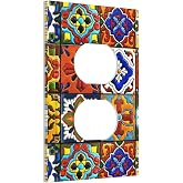 Mexican Talavera Ceramic Pattern 1 Gang Electrical Outlet Covers Single Duplex Wall Plate Decorative Receptacle Light Switch Cove for Bathroom Bedroom Decorate