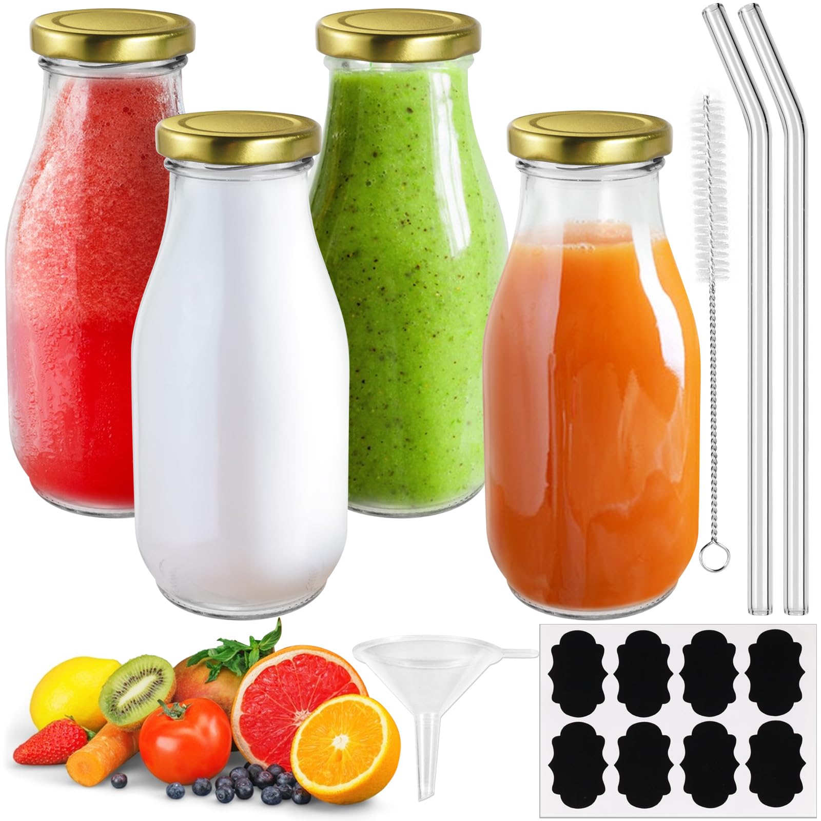 Mispudin Glass Milk Bottles with Lids, 4Pcs 11oz/330ml Glass Juice Bottles with Straw, Labels, Funnels and Brush, Reusable Milk Bottle for Juices, Syrup, Sauces, Smoothies and Sauces (Gold Lid)