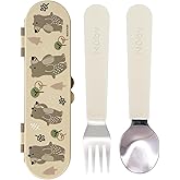 Nuby Stainless Steel Toddler Utensils with Travel Case - Self-Feeding Fork & Spoon Set for Kids - Easy-to-Hold Training Utensils - Rounded Safe Edges for Self-Feeding - Bears