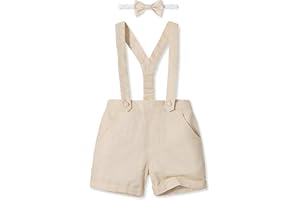 Voluboy Baby Boy Suspenders Outfit Toddler Cotton Linen Shorts with Bowtie Boys Gentleman Dress Clohtes 12 Months-5 Yrs