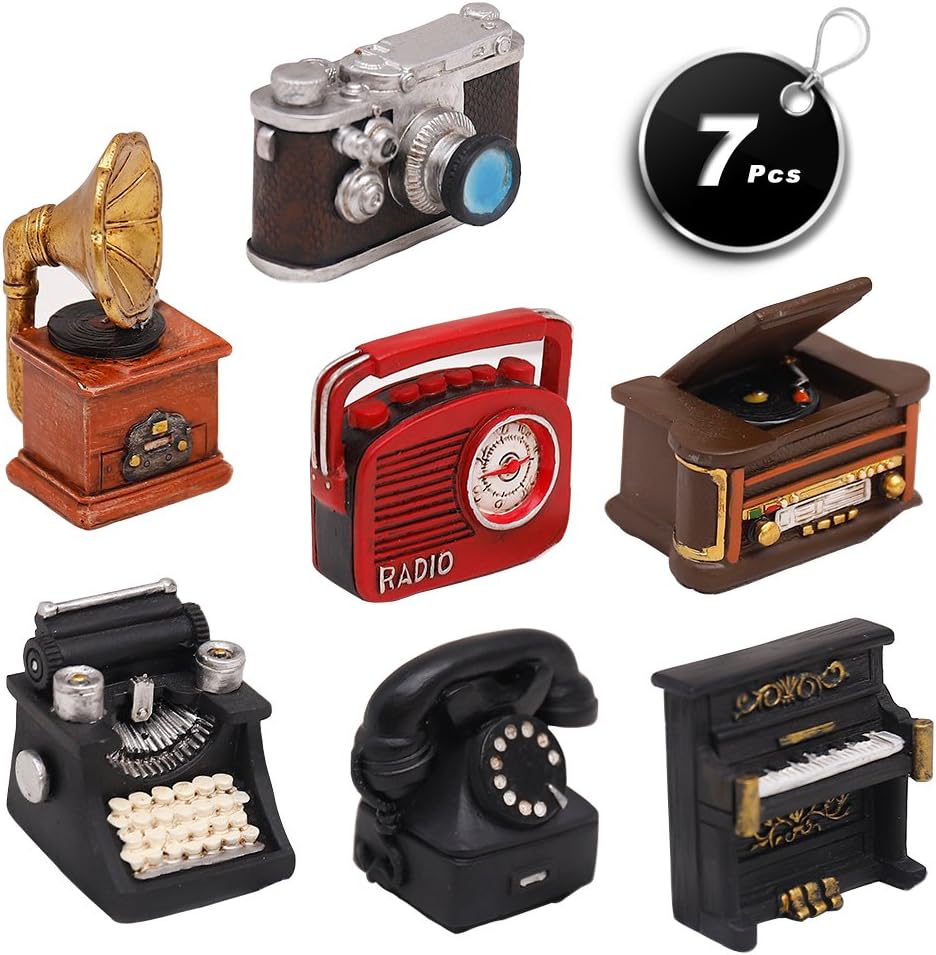 Set of 7 Creative Retro European Resin Figurin for Home Cafe Bar Window Decoration Children Toys and Gift (Incluing Telephones Typewriter Camera Piano Phonograph Radio and Sound Player)