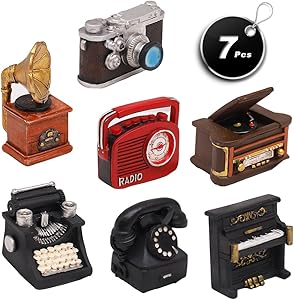 Set of 7 Creative Retro European Resin Figurin for Home Cafe Bar Window Decoration Children Toys and Gift (Incluing Telephones Typewriter Camera Piano Phonograph Radio and Sound Player)