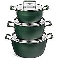 Granitestone Green Pots and Pans Set Nonstick, 6 Stackable Piece Cooking Pots Set, Kitchen Pots, Non Stick Coating, 5qt 3qt & 1.5qt Pots with Lids, Stay Cool Handles Dishwasher Safe 100% Toxin Free