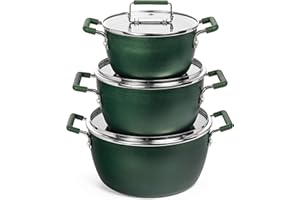 Granitestone Stackable Pot Set, 6 Piece Pot Set for Cooking Nonstick, Space Saving Nesting Cookware Set, Stock Pot Set with 1.5qt, 3qt & 5qt Pots with Lids, Dishwasher Safe, 100% Toxin Free - Green