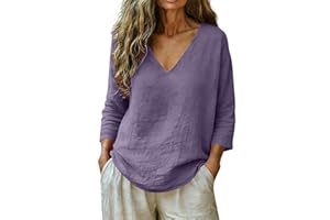 3/4 Length Sleeve Tops for Women Cotton Linen Gauze Shirts Summer V Neck Peasant Blouses Casual Beach Vacation Tees