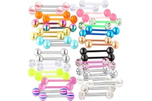 Suotarn 40pcs 14G Tongue rings For Women Stainless Steel Straight Tongue Barbell UV Acrylic Plastic Tongue Piercing Jewelry Nipple Piercings 5/8" Glow in Dark Flexible Retainer Body Jewelry for Men