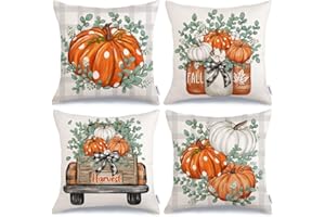 GEEORY Fall Pumpkins Throw Pillow Covers 18x18 Inch Set of 4, Eucalyptus Truck Mason Jars Autumn Decorative Seasonal Farmhouse Decoration for Home (Orange) G545-18