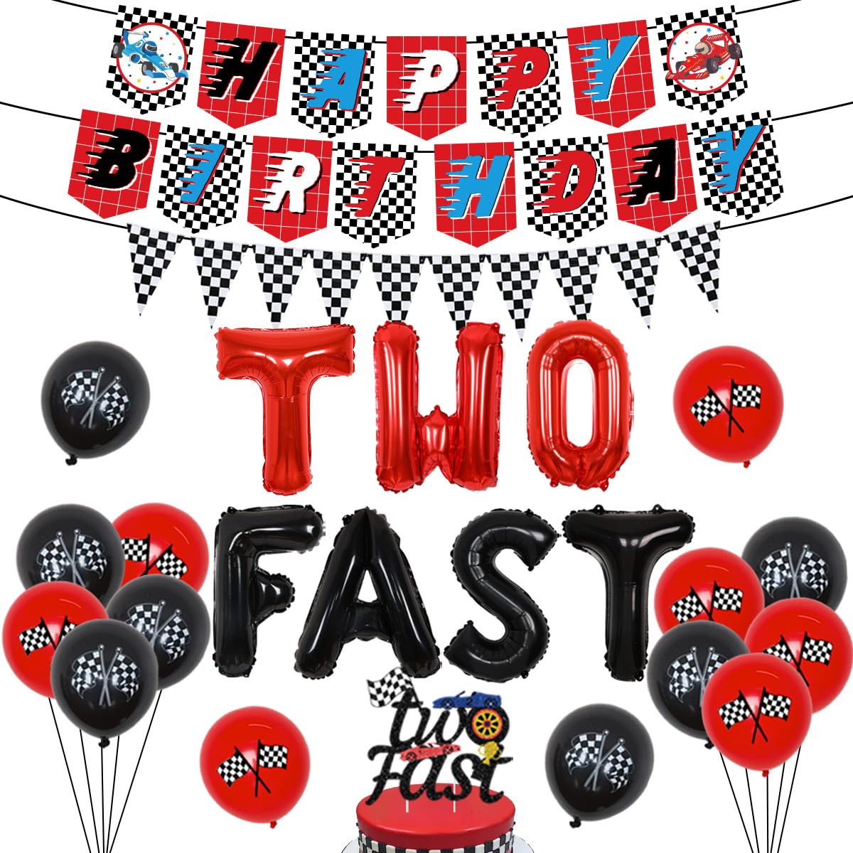 Sursurprise Two Fast Birthday Party Supplies 2nd Race Car Decorations for Boys Red Blue Checkered Happy Birthday Banner Racing Party Decorations