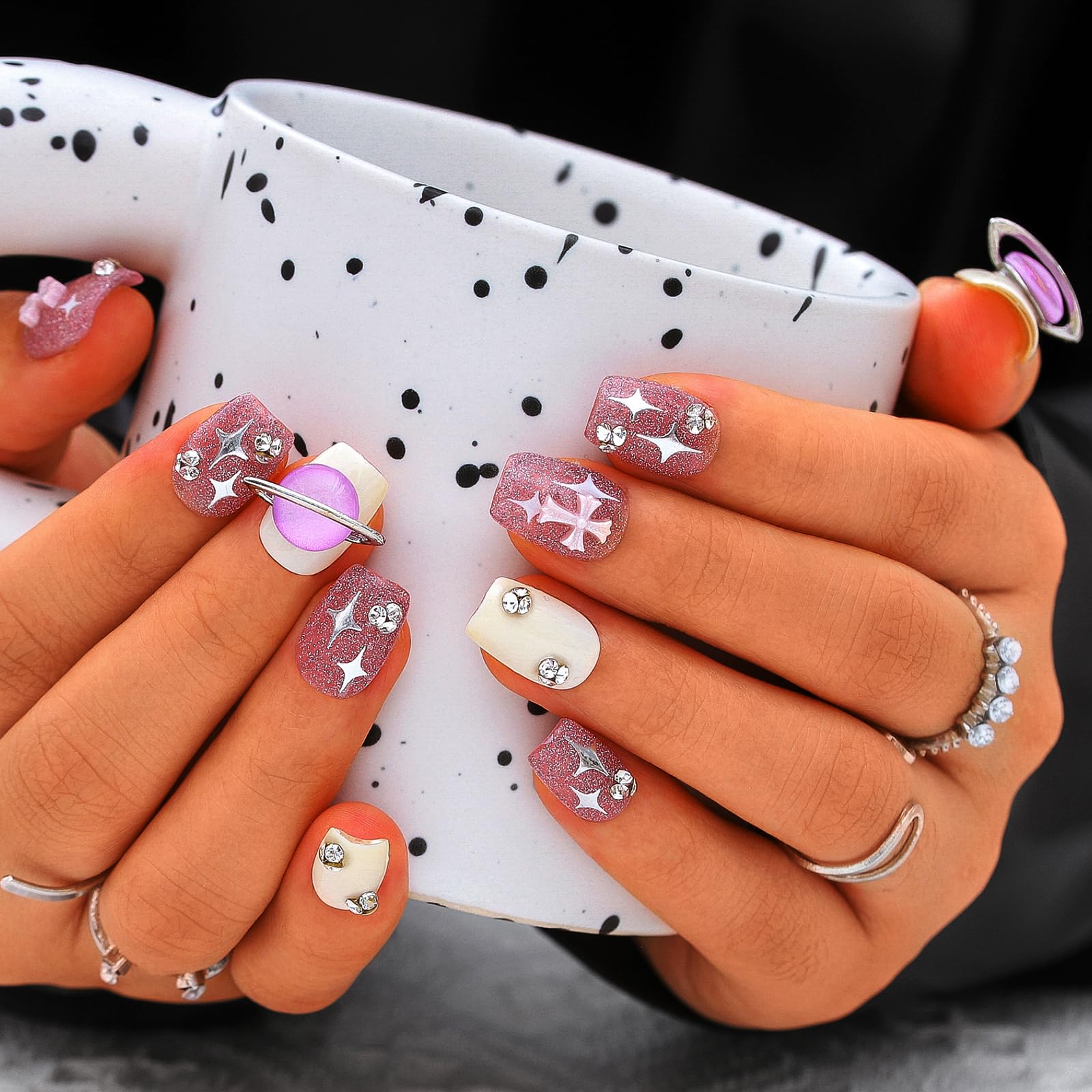 Sethexy Short Coffin Handmade Press On Nail Pink Acrylic False Nail Glossy Cat Eye Fake Nails with Design Salon Nails for Women and Girls 10PCS (Pink7)