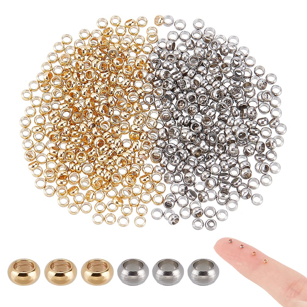 UNICRAFTALE About 600pcs Spacer Beads 2 Colors 304 Stainless Steel Spacer Beads Smooth Loose Rondelle Beads Stopper Beads Metal Crimp Bead for Necklace Bracelet Earring Making