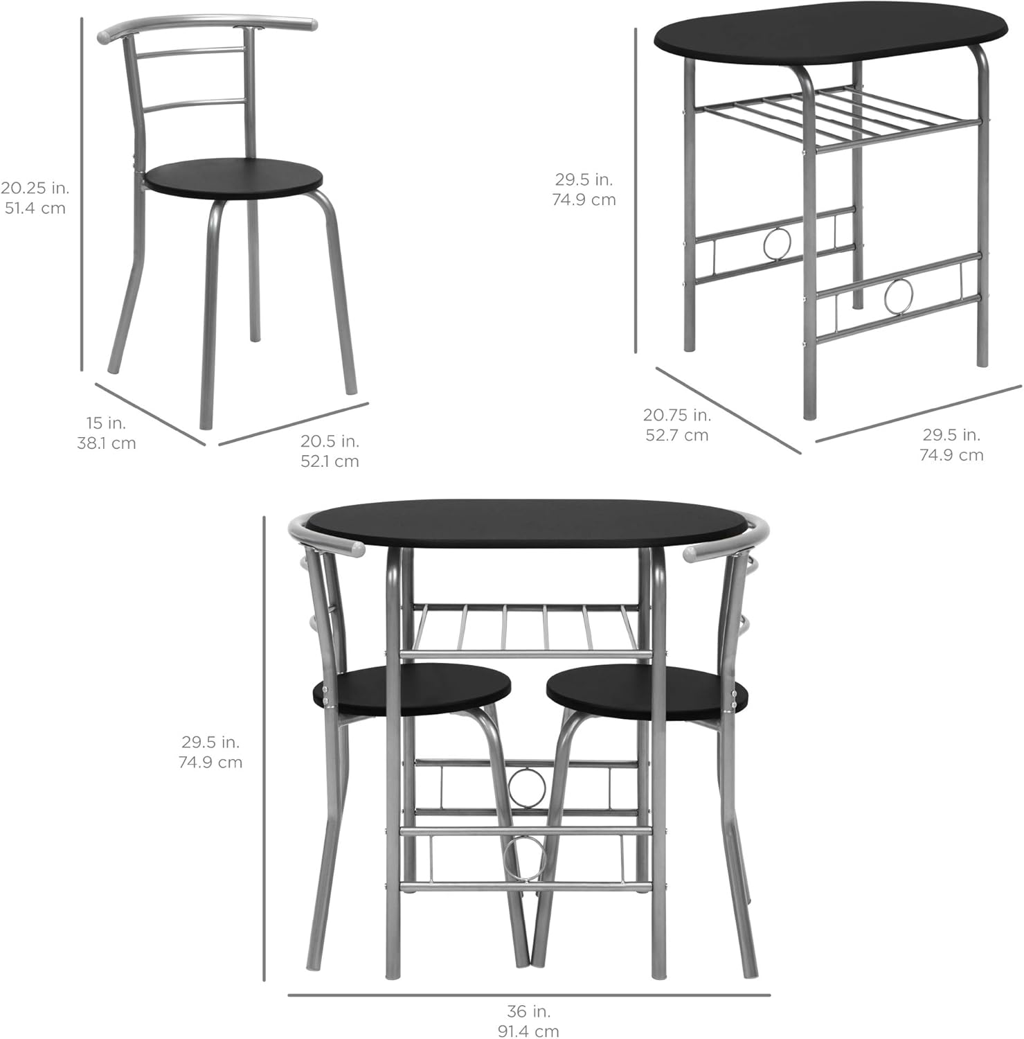 Best Choice Products 3-Piece Wooden Round Table & Chair Set for Kitchen, Dining Room, Compact Space w/Steel Frame, Built-in Wine Rack - Black/Silver: Furniture & Decor